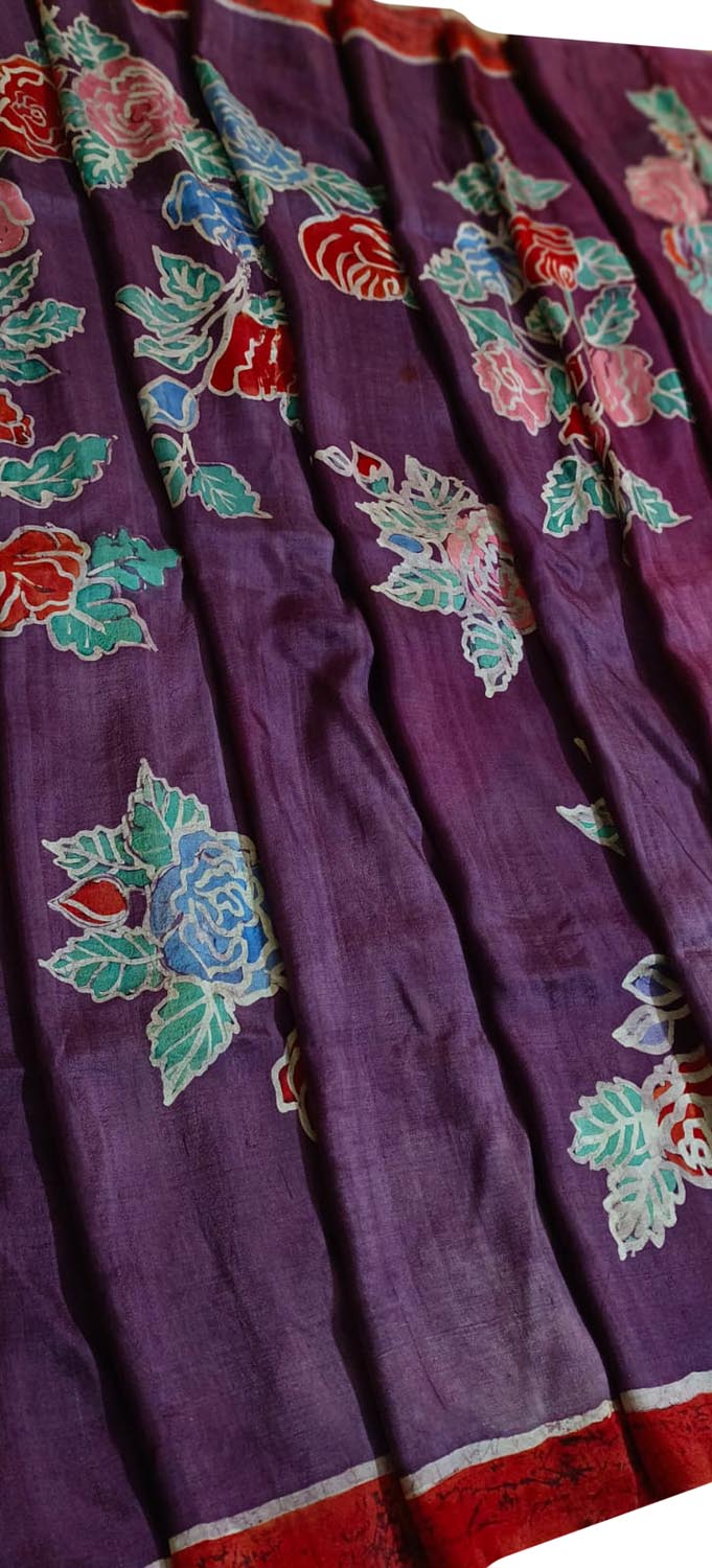 Purple Batik Hand Painted Mulberry Silk Saree - Luxurion World