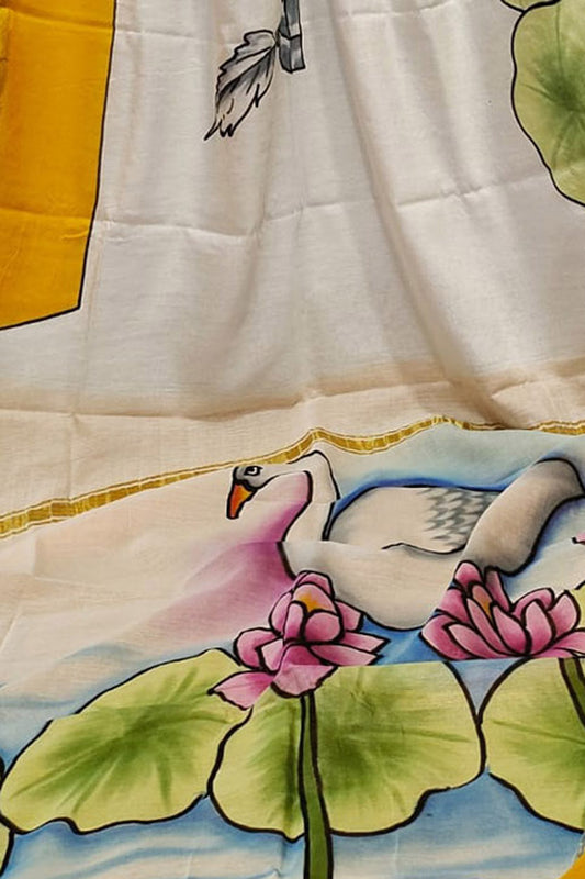 Off White Hand Painted Chanderi Silk Saree - Luxurion World