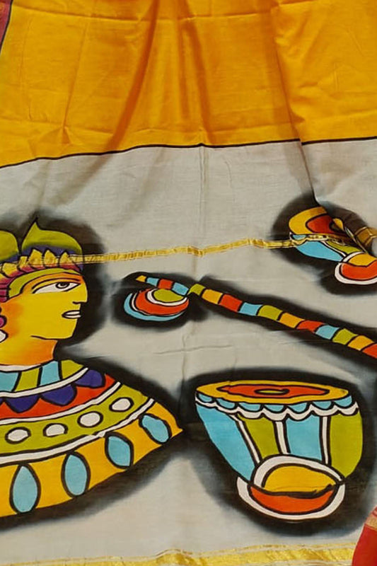 Yellow Hand Painted Chanderi Silk Saree - Luxurion World
