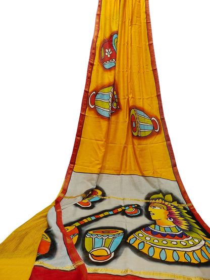 Yellow Hand Painted Chanderi Silk Saree - Luxurion World