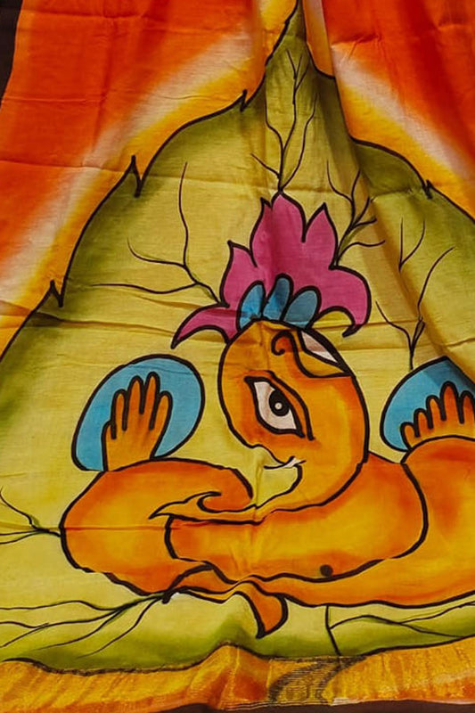 Orange Hand Painted Chanderi Silk Saree - Luxurion World