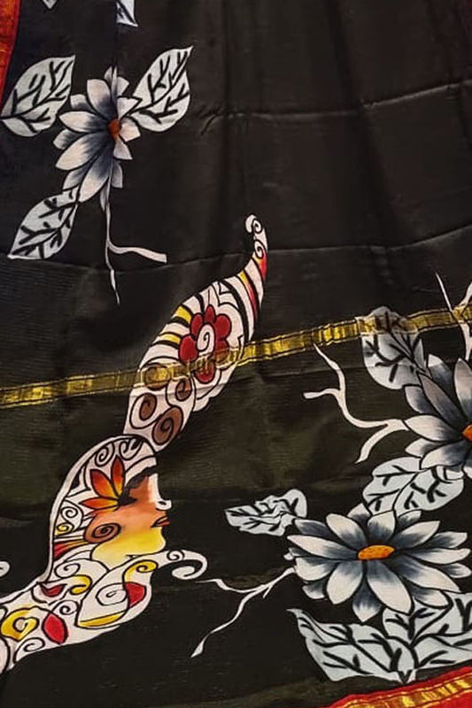 Black Hand Painted Chanderi Silk Saree - Luxurion World
