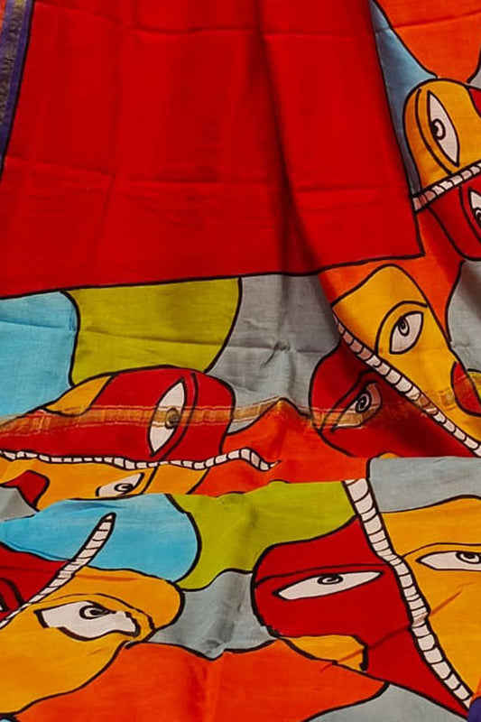 Red Hand Painted Chanderi Silk Saree - Luxurion World