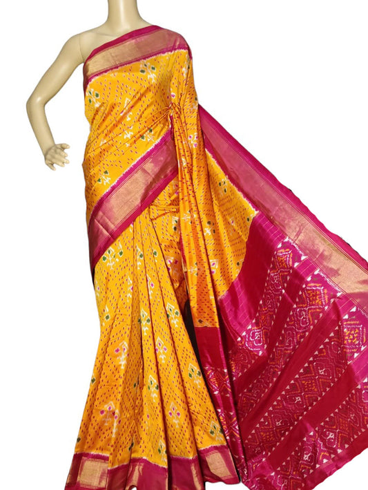 Yellow Handloom Ikat Pure Silk Saree - Luxurion World