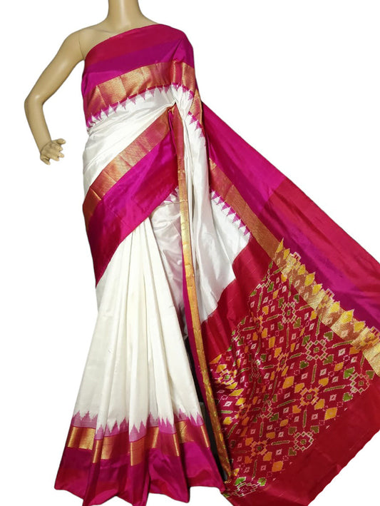 Off White Handloom Ikat Pure Silk Saree - Luxurion World
