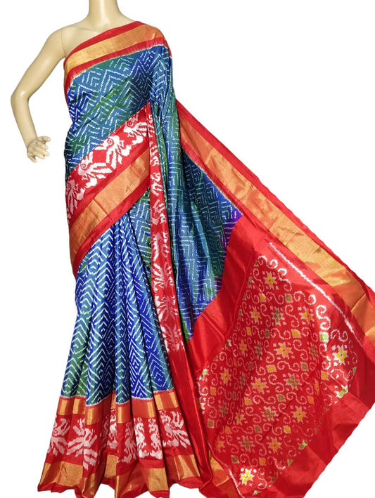Blue Handloom Ikat Pure Silk Saree - Luxurion World