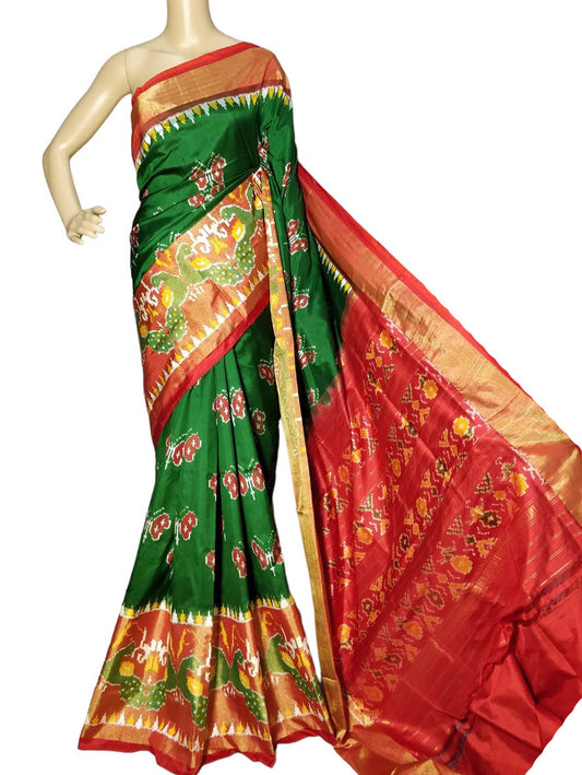 Green Handloom Ikat Pure Silk Saree - Luxurion World