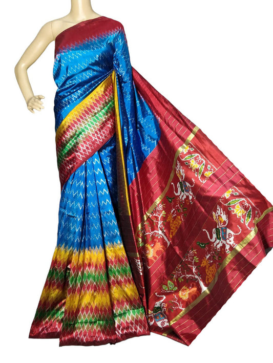 Blue Handloom Ikat Pure Silk Saree - Luxurion World