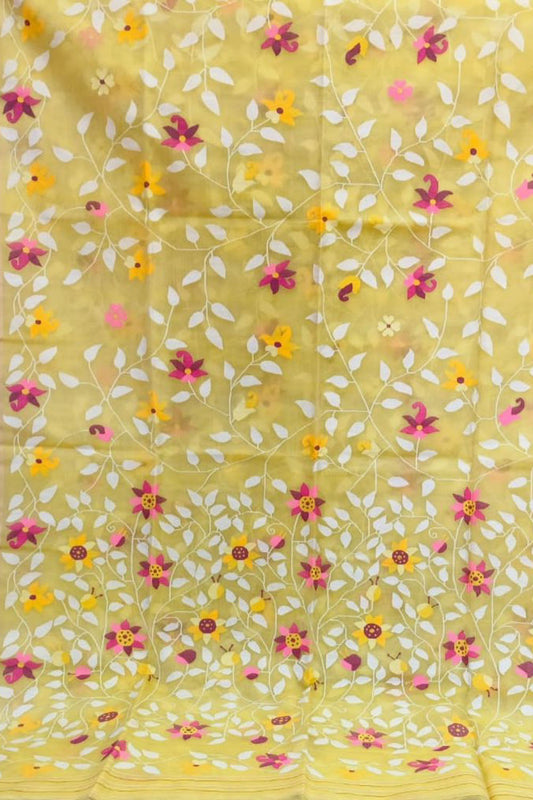 Yellow Jamdani Pure Muslin Silk Saree - Luxurion World