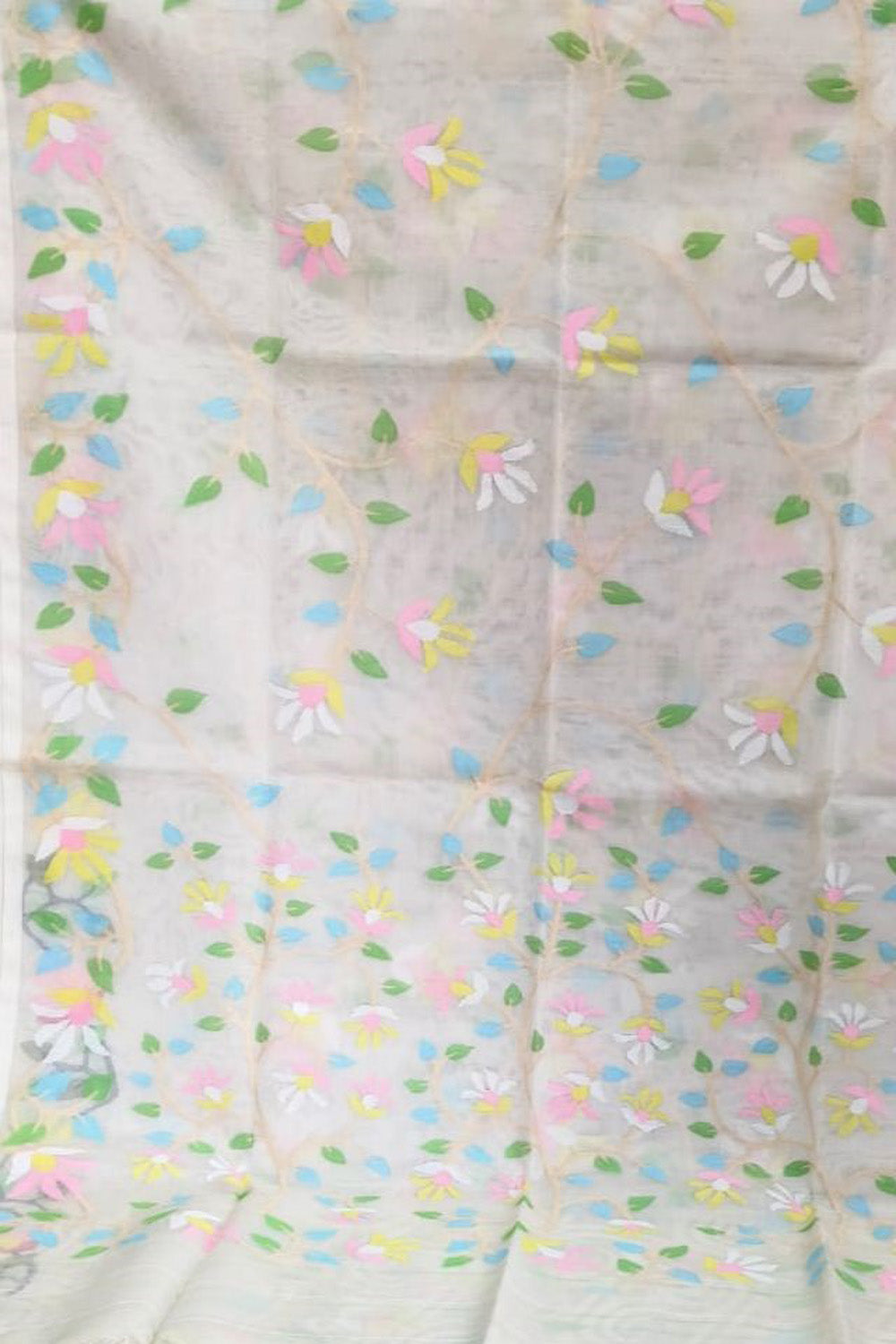 Off White Jamdani Pure Muslin Silk Saree - Luxurion World