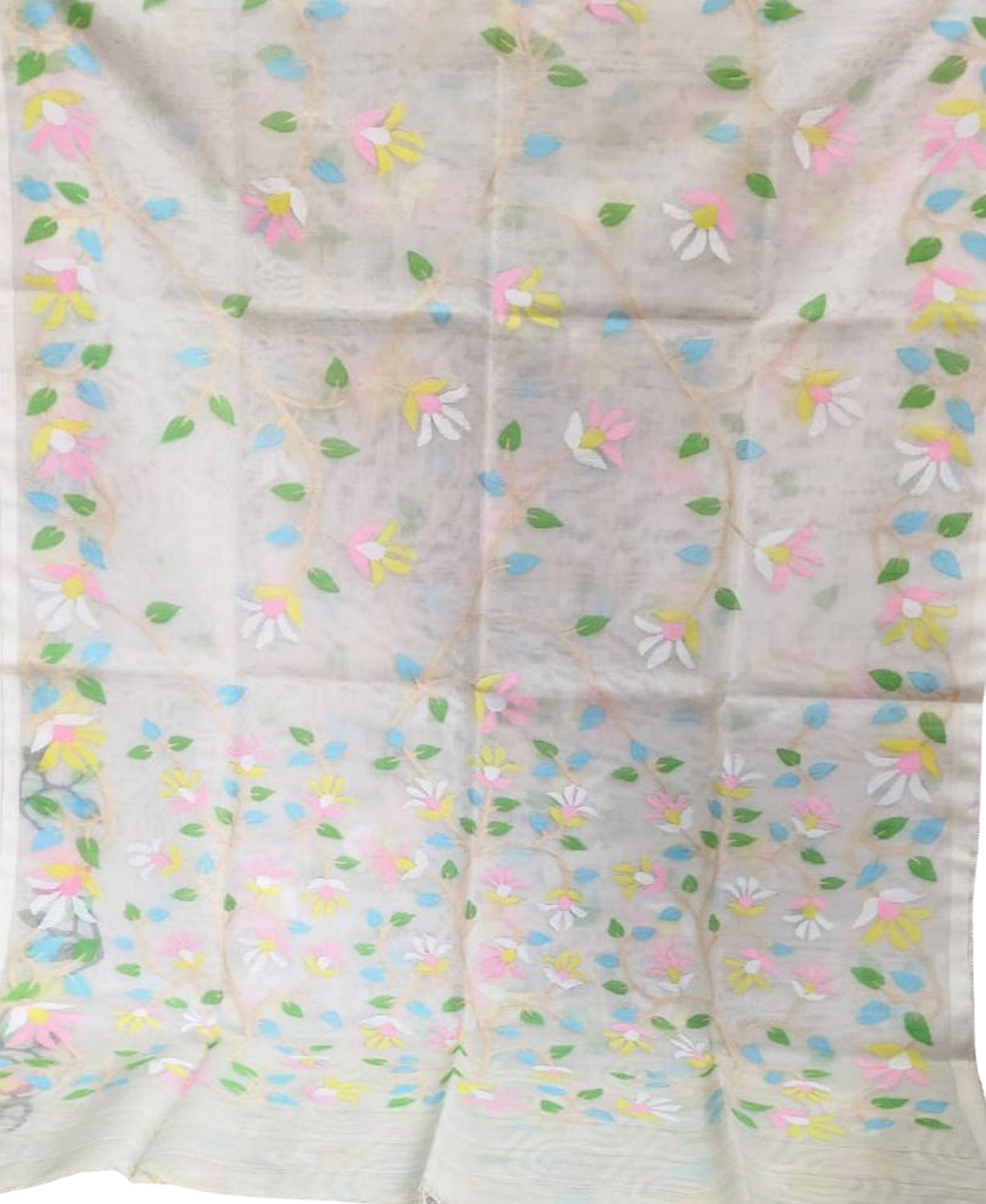 Off White Jamdani Pure Muslin Silk Saree - Luxurion World