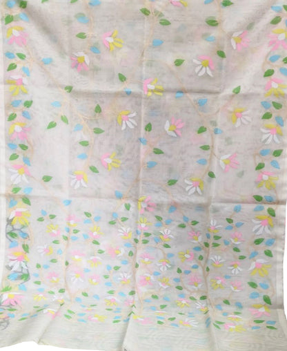 Off White Jamdani Pure Muslin Silk Saree - Luxurion World