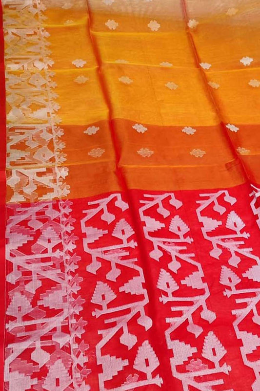 Stunning Orange and Red Handloom Jamdani Muslin Saree - Perfect for Any Occasion! - Luxurion World
