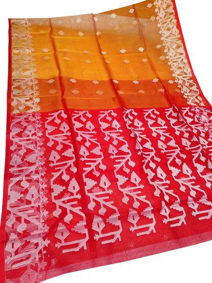 Stunning Orange and Red Handloom Jamdani Muslin Saree - Perfect for Any Occasion! - Luxurion World