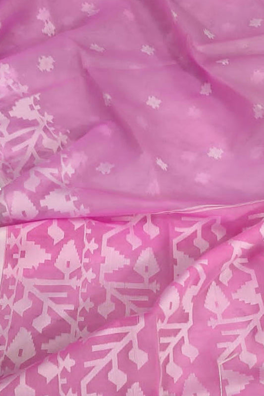Stunning Pink Handloom Jamdani Muslin Saree for Elegant Occasions - Luxurion World