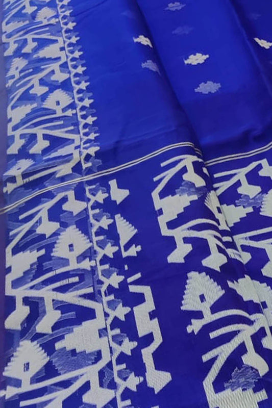 Exquisite Blue Handloom Jamdani Muslin Saree - Perfect for Any Occasion