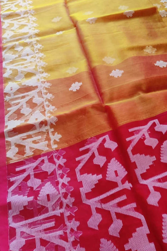 Stunning Yellow and Red Handloom Jamdani Muslin Saree - Perfect for Any Occasion! - Luxurion World