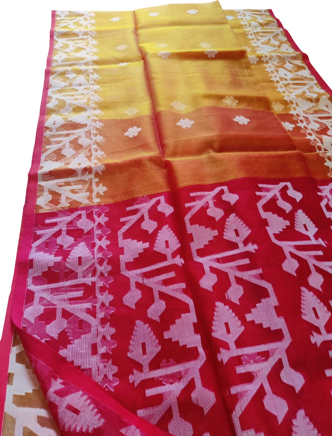 Stunning Yellow and Red Handloom Jamdani Muslin Saree - Perfect for Any Occasion! - Luxurion World