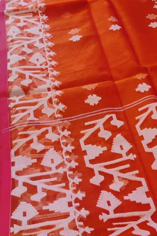 Exquisite Orange Handloom Jamdani Muslin Saree - Perfect for Any Occasion! - Luxurion World