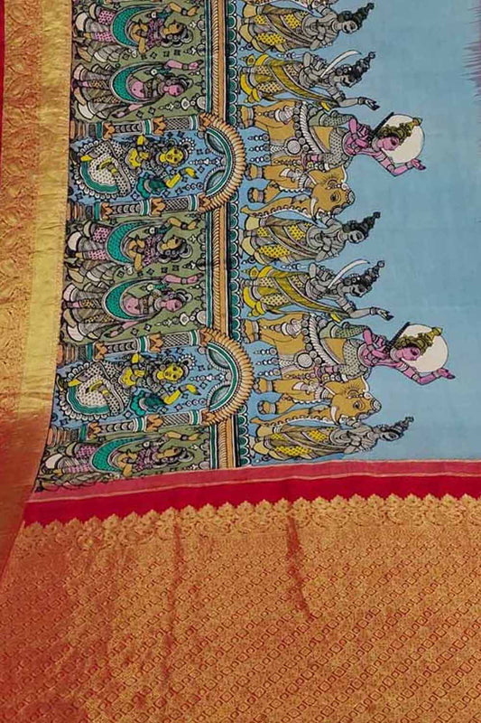 Kalamkari Pure Silk Saree: Multicolor Pen Design, Kanjeevaram Border