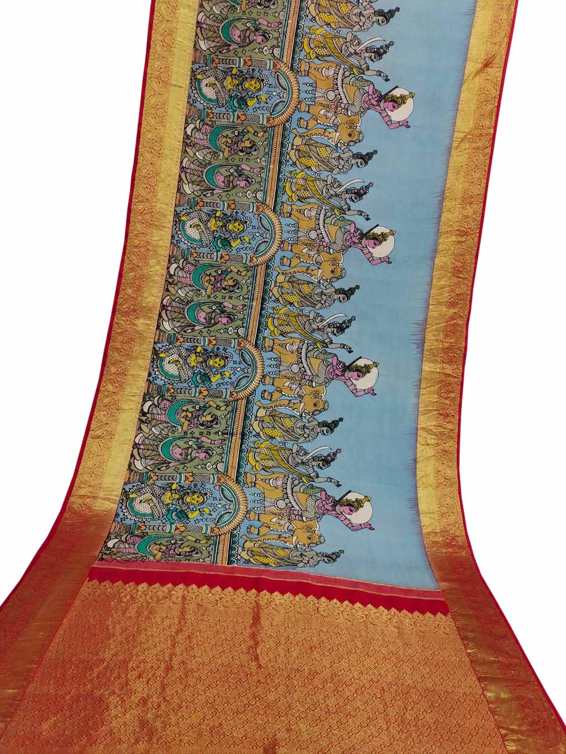 Kalamkari Pure Silk Saree: Multicolor Pen Design, Kanjeevaram Border - Luxurion World