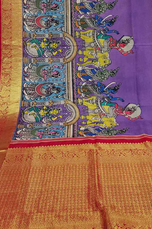 Kalamkari Pure Silk Saree: Multicolor Pen with Kanjeevaram Border - Luxurion World