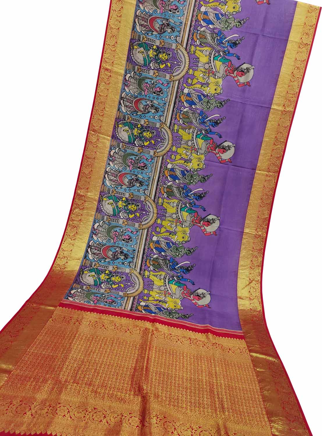 Kalamkari Pure Silk Saree: Multicolor Pen with Kanjeevaram Border - Luxurion World
