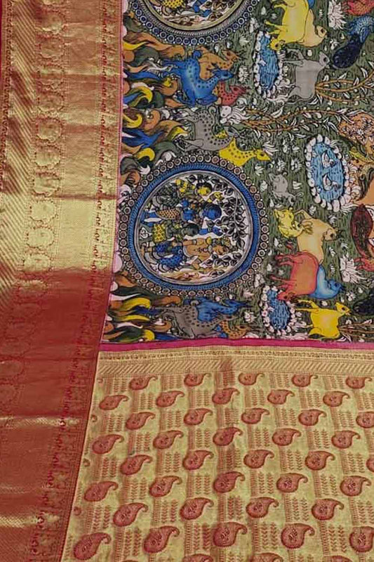 Kalamkari Pure Silk Saree with Kanjeevaram Border - Multicolor Pen - Luxurion World