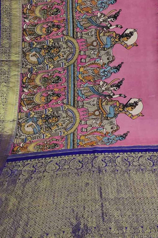 Kalamkari Pure Silk Saree with Kanjeevaram Border - Multicolor Pen - Luxurion World