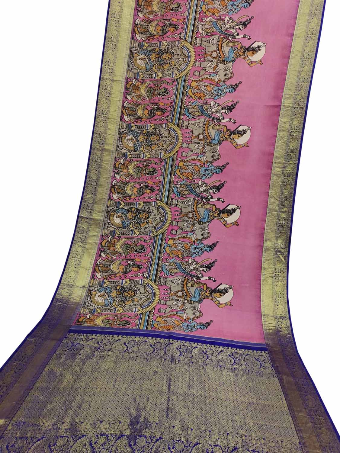 Kalamkari Pure Silk Saree with Kanjeevaram Border - Multicolor Pen - Luxurion World