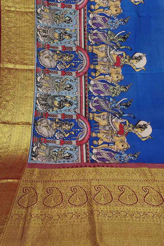 Kalamkari Pure Silk Saree: Multicolor Pen with Kanjeevaram Border - Luxurion World