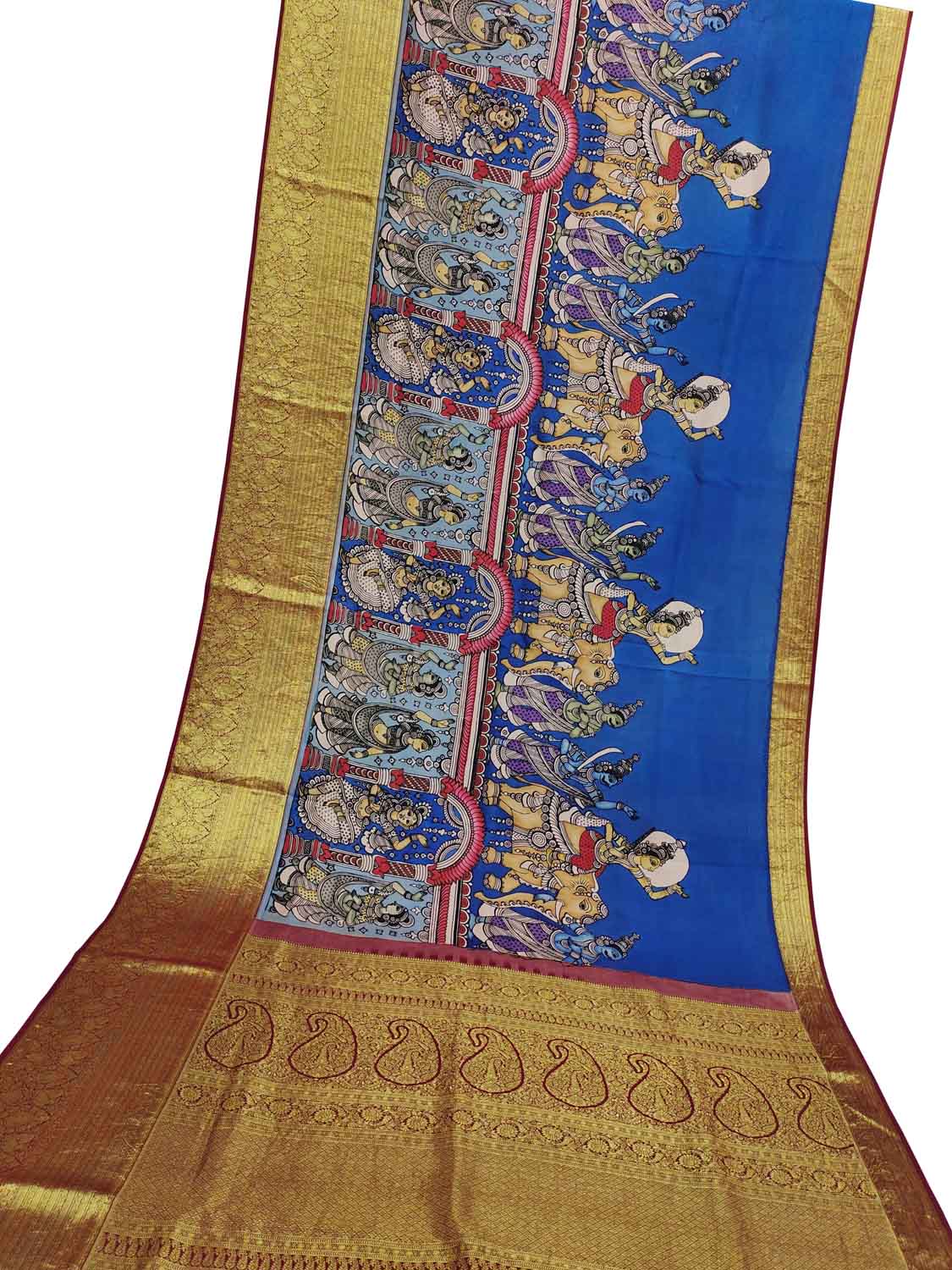 Kalamkari Pure Silk Saree: Multicolor Pen with Kanjeevaram Border - Luxurion World