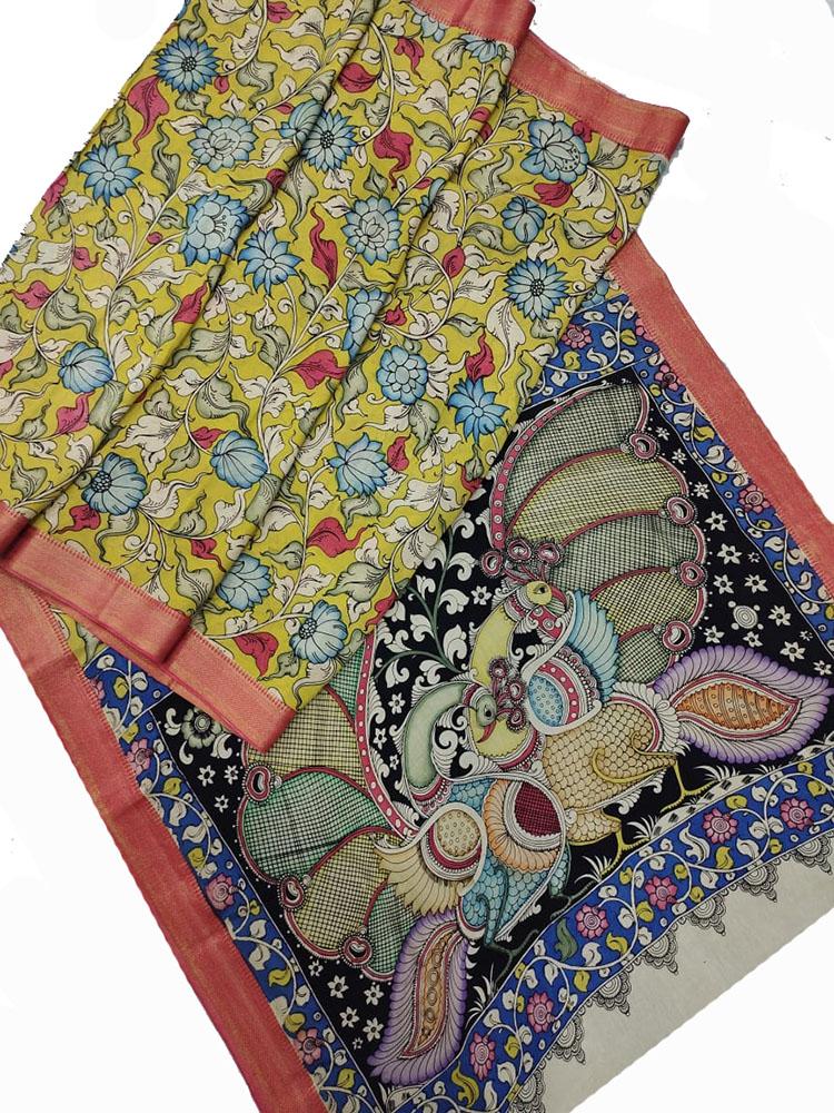 Multicolor Pen Kalamkari Banglore Silk Saree - Luxurion World
