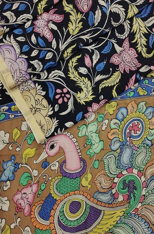 Multicolor Pen Kalamkari Banglore Silk Saree - Luxurion World