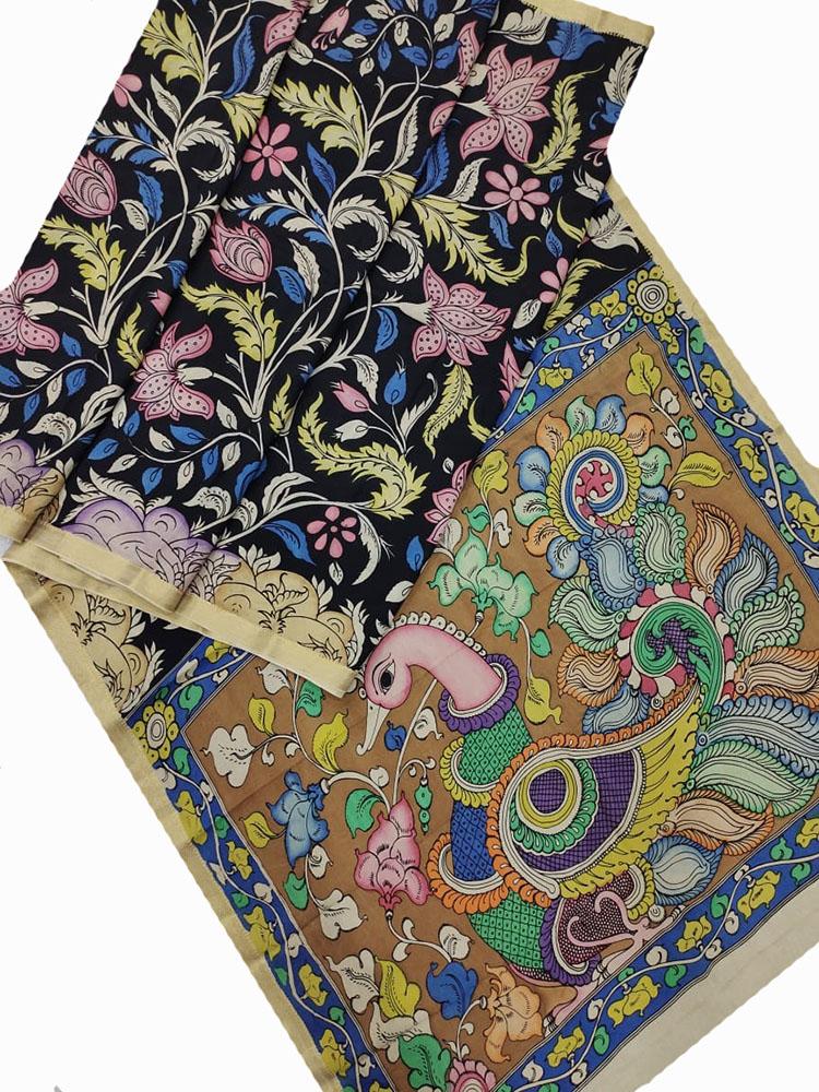 Multicolor Pen Kalamkari Banglore Silk Saree - Luxurion World