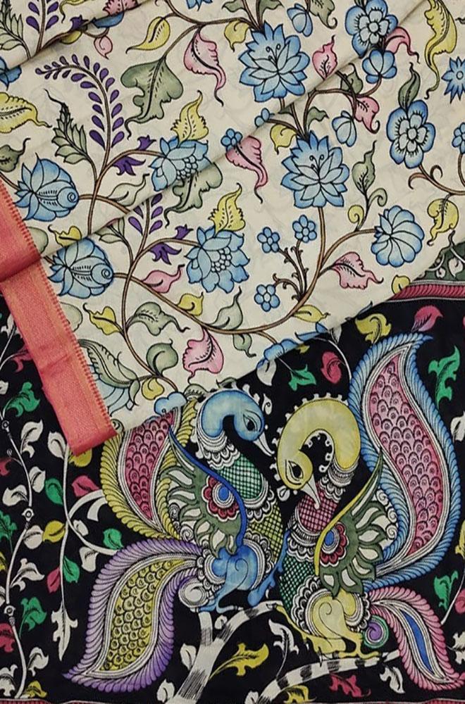 Multicolor Pen Kalamkari Banglore Silk Saree - Luxurion World
