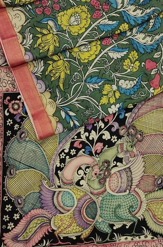 Multicolor Pen Kalamkari Banglore Silk Saree - Luxurion World