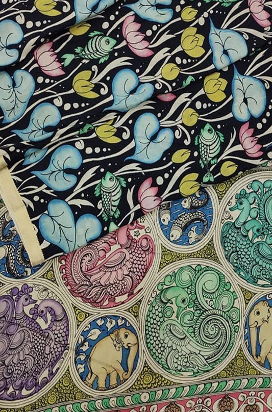 Multicolor Pen Kalamkari Banglore Silk Saree - Luxurion World