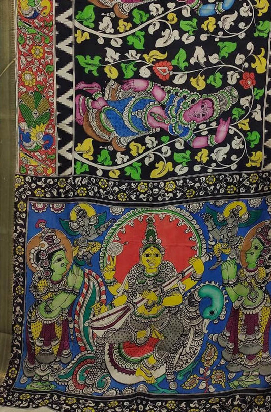 Multicolor Hand Painted Kalamkari Bangalore Silk Saree