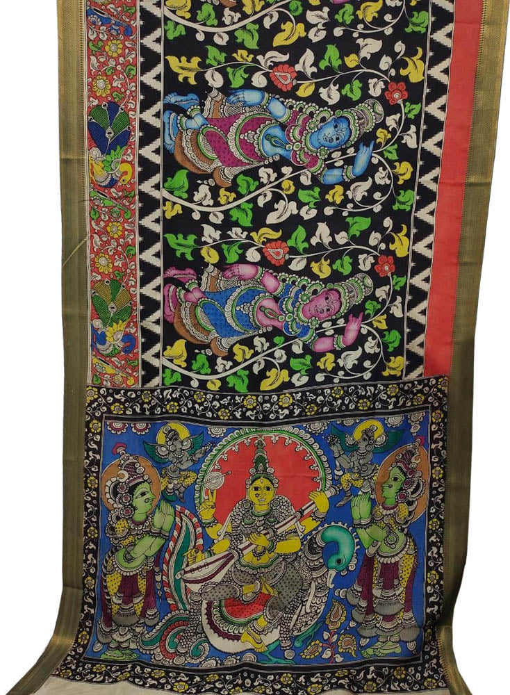 Multicolor Hand Painted Kalamkari Bangalore Silk Saree - Luxurion World