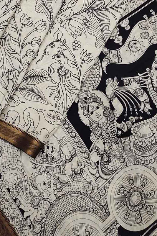 Stunning Black & White Kalamkari Hand Painted Bangalore Silk Saree with Zari Border - Luxurion World