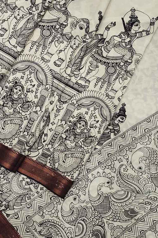 Stunning Black & White Kalamkari Hand Painted Bangalore Silk Saree with Zari Border - Luxurion World