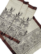 Stunning Black & White Kalamkari Hand Painted Bangalore Silk Saree with Zari Border - Luxurion World