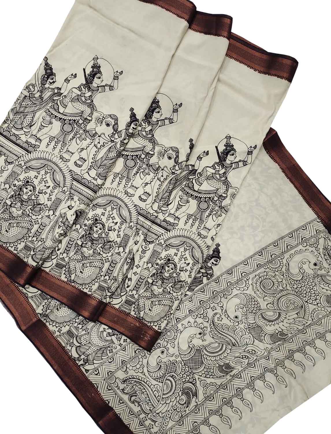Stunning Black & White Kalamkari Hand Painted Bangalore Silk Saree with Zari Border - Luxurion World