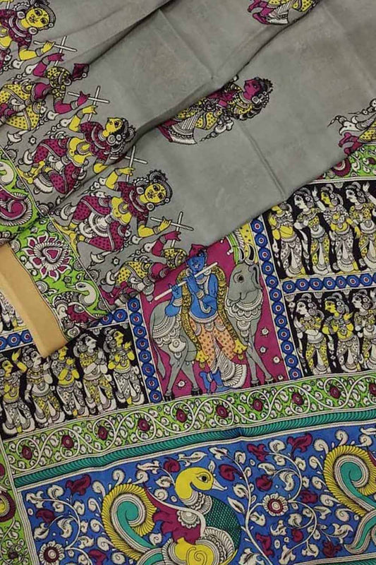 Shop Grey Kalamkari Chennur Silk Saree - Hand Painted Elegance
