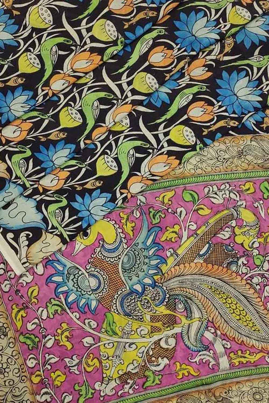 Shop Hand-Painted Black Kalamkari Chennur Silk Saree - Ethnic Wear - Luxurion World
