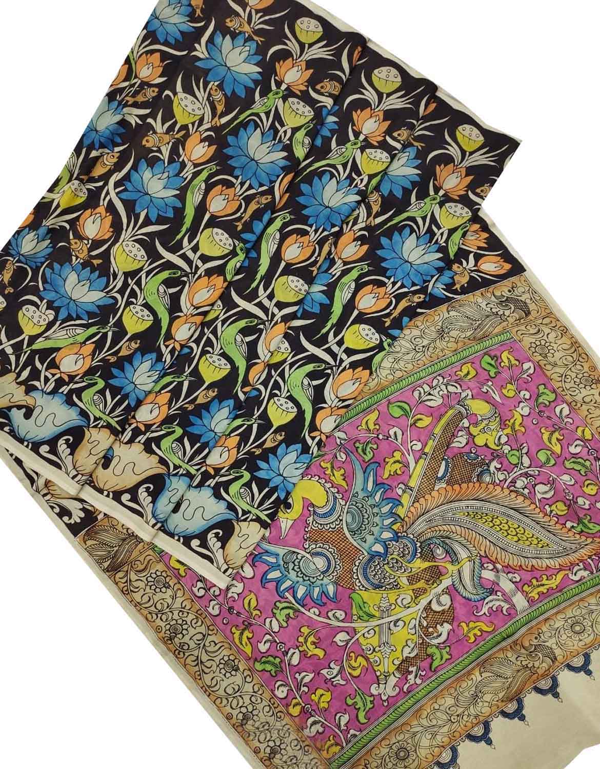 Shop Hand-Painted Black Kalamkari Chennur Silk Saree - Ethnic Wear - Luxurion World
