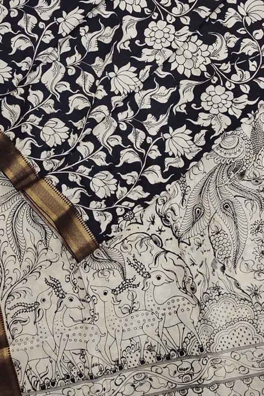 Stunning Black & White Kalamkari Hand-Painted Bangalore Silk Saree - Luxurion World