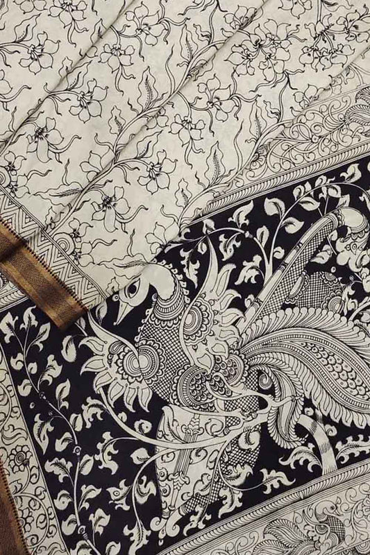 Stunning Black & White Kalamkari Hand-Painted Bangalore Silk Saree - Luxurion World