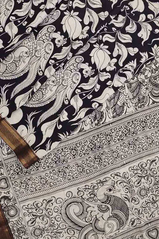 Stunning Black & White Kalamkari Hand-Painted Bangalore Silk Saree - Luxurion World